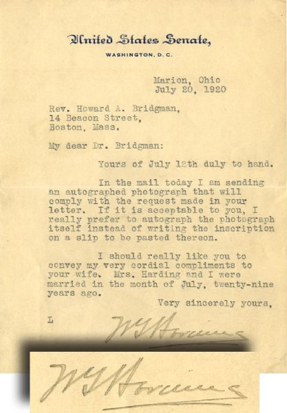 Warren Harding Typed Letter Signed