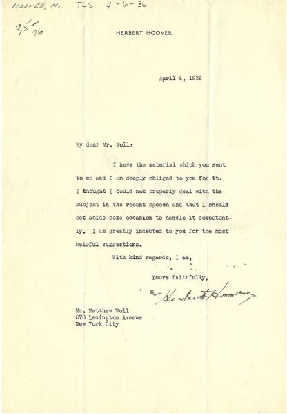 Herbert Hoover Typed Letter Signed