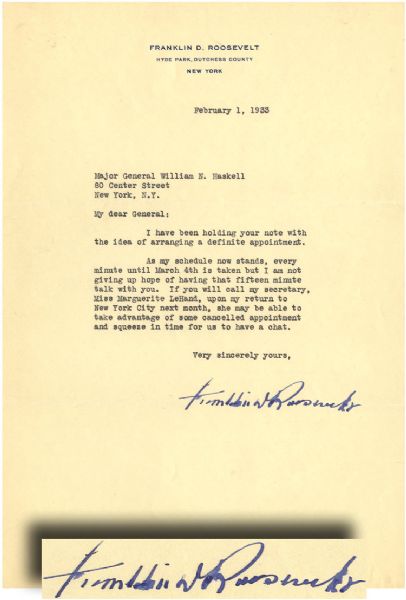 Shortly Before Taking Office President Roosevelt Writes to Major General Haskell 