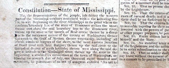 Lot Detail The 1817 Mississippi Constitution Defines The Limits Of