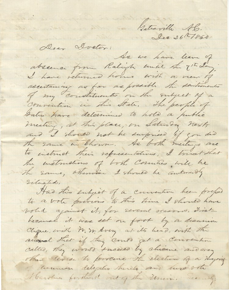 Lot Detail - North Carolina Secession Convention Letter.