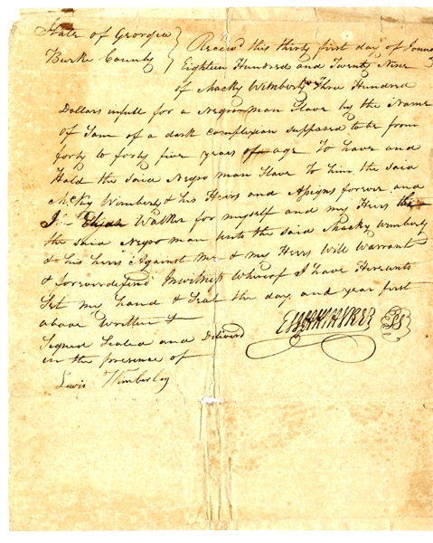 1829 Bill of Sale for Georgia Slave