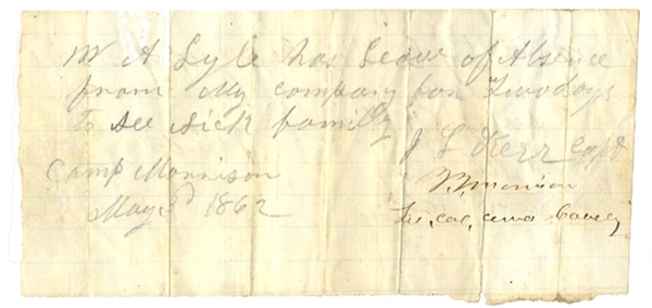 Rare 1st Georgia Cavalryman's Leave of Absence Signed By Col. Morrison