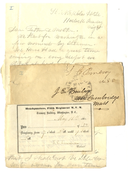 Massachusetts First Volunteers Leave For War; Pass Signed By Col. Lawrence Severely Wounded And Left For Dead at First Bull Run