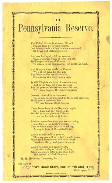1861 Pennsylvania Reserve Corps Patriotic Poem