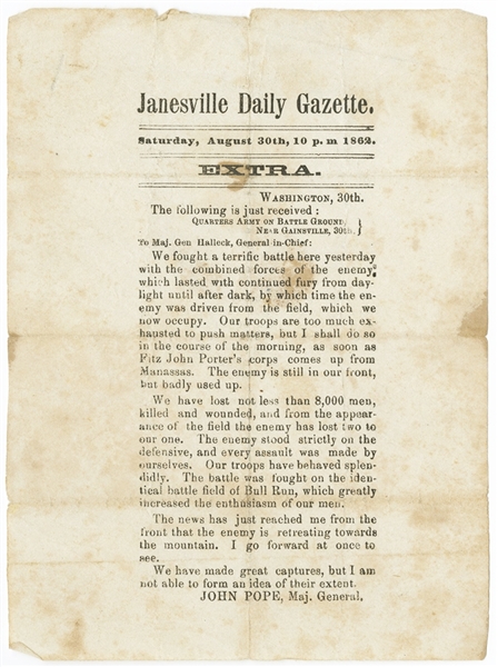 Broadside Issued Within HOURS Of The End of The Battle of Second Manassas