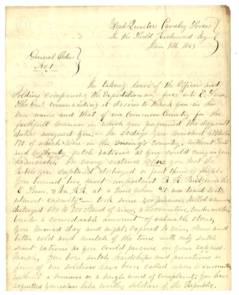 Congratulatory Letter From General Samuel Carter Regarding Battle At Watauga River, Tennessee