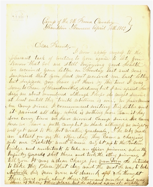 Confederate General Earl Van Dorn Charges Into The 9th Pennsylvania Calvary At Franklin Tennessee....Letter Written By Two Brothers