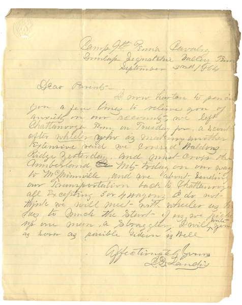 We Left Chattanooga Tenn. On Tuesday For a Scout after Wheeler Who Is Making Another Extensive Raid...9th Pennsylvania Calvary Letter From Tennessee
