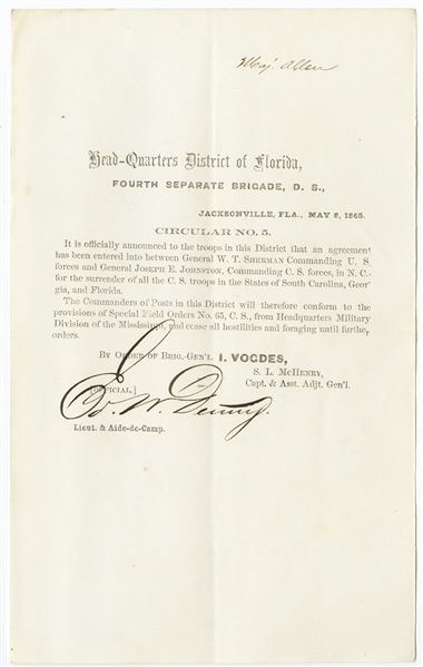 Announcing Surrender of Confederate Armies in South Carolina, Georgia, and Ordering the US Army in Florida to “Cease All Hostilities”