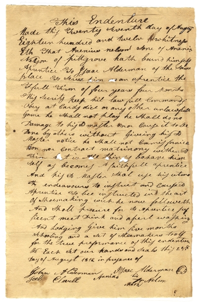 1812 Shoemaker's Apprenticeship Contract