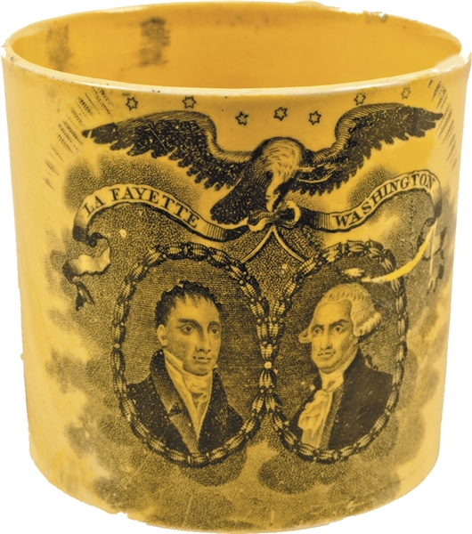 Rare 1824 George Washington & Marquis de LaFayette Colorful Canary Yellow Creamware Commemorative Cup