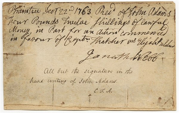 John Adams Signed Payment Receipt for Lawsuit