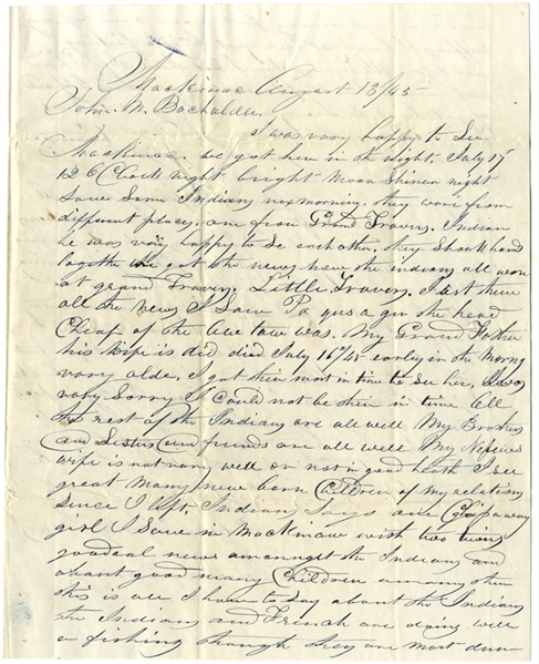 1845 Letter On Choctaw and Chippewa Indians In Michigan