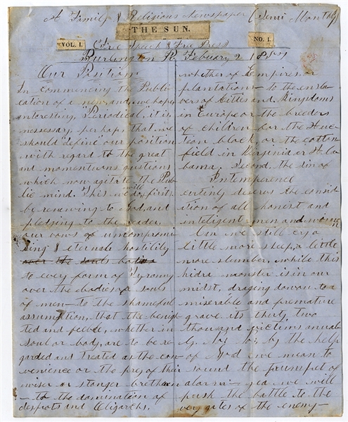 Rare Handwritten News Paper From Rhode Island February 2, 1857....Slavery....Bleeding Kansas....Attack On Charles Sumner....