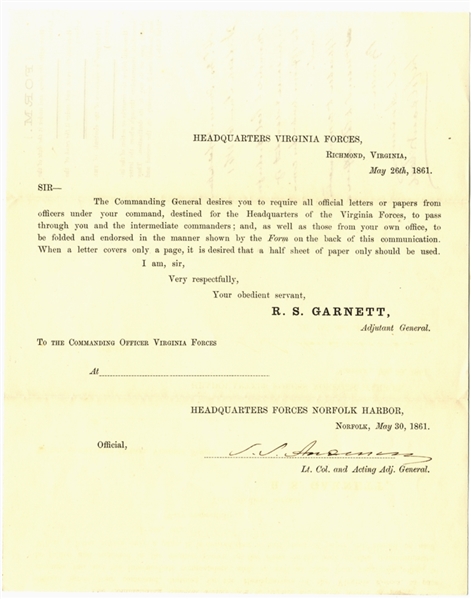 Early Confederate Printed Document Signed in Type by Robert S. Garnett Only A Month before His Death