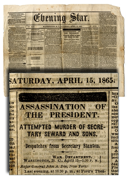 The Lincoln Assassination Reported in the Washington DC Newspaper. 