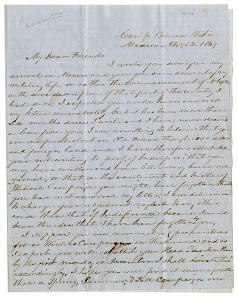 AUTOGRAPH LETTER, SIGNED, FROM A SOLDIER TO A FRIEND IN POLITICS, DISCUSSING PAY FOR VIRGINIA'S VOLUNTEER SOLDIERS IN THE MEXICAN-AMERICAN WAR