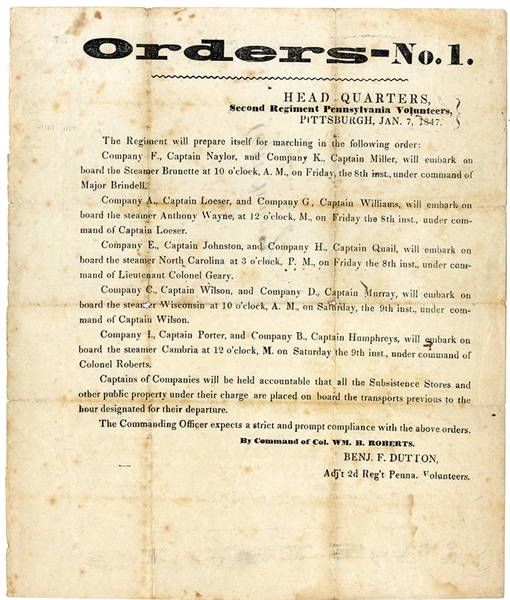 General Orders For Second Pennsylvania Volunteers To Ship Out To Mexican War January 7, 1847