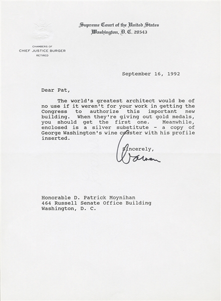 Chief Justice Warren Burger applauds the success of Senator Daniel Patrick Moynihan in getting Congress to authorize a new Federal Building