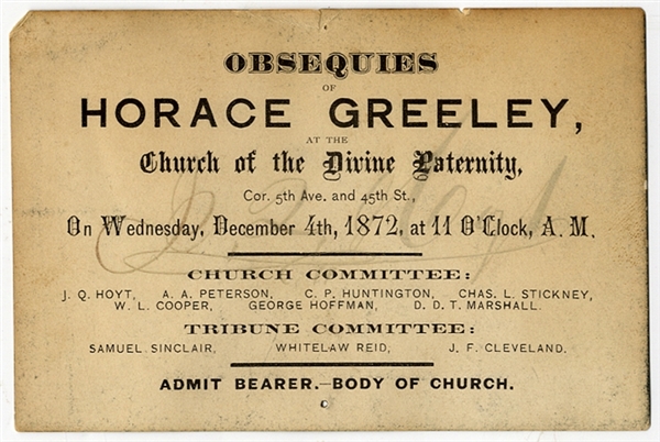 Invitation To Attend Funeral Of Horace Greeley....Editor And Politician