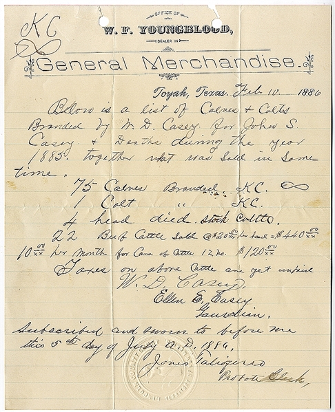 Early Cattle Bill of Sale For One of the Founders of Toyah Texas