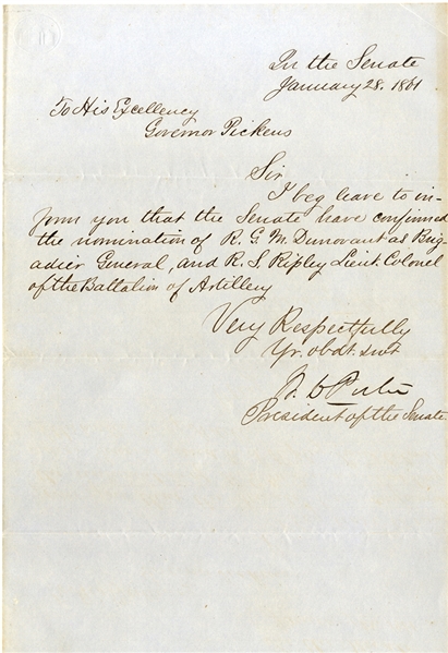 President of the Senate Confirms General Dunovant & Colonel Ripley - Jan. 28, 1861