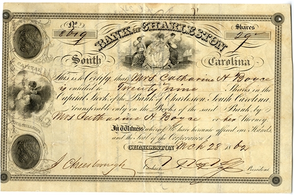 War Date Stock Certificate for the Bank of Charleston