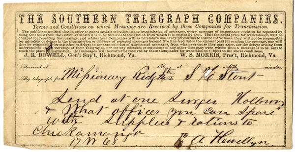 Army of Tennessee Surgeon Needs Help - Manuscript  Telegram From Chickamuaga 