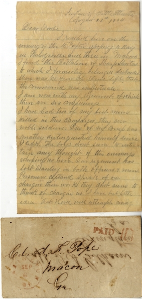 Georgia Soldier’s Letter - Written “In Line of Battle - Atlanta, August 22, 1864”