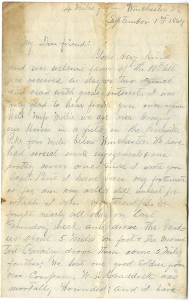 Great 2nd Virginia Cavalry Battle of Berryville, Virginia Letter