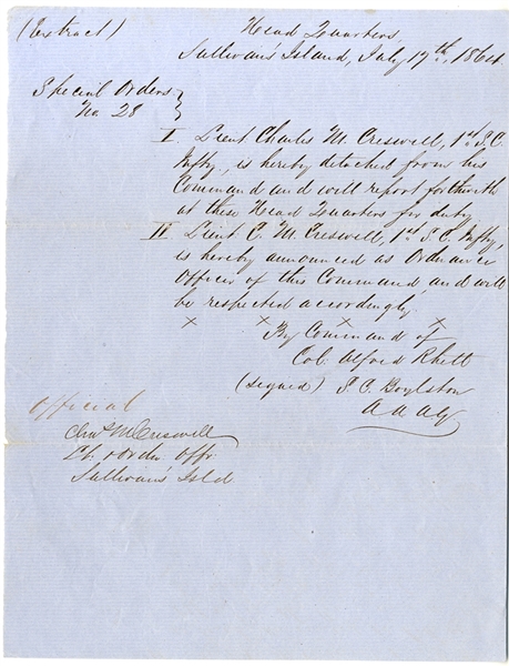 Special Order Issued Under The Authority Of Colonel Alfred Rhett
