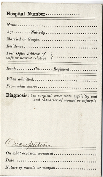 Union Hospital Soldier's Bed Card