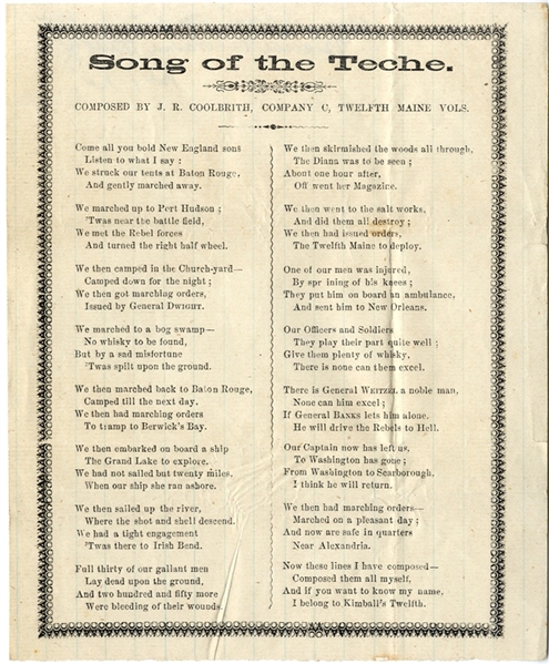 An Original Union Soldier's (Deserter's) Poem: Song of the Teche Chronicling The 12th Maine's Early Service