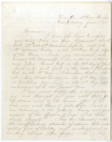 General McClernand Honors the Wisconsin Regiments In A Letter to the Wisconsin Governor