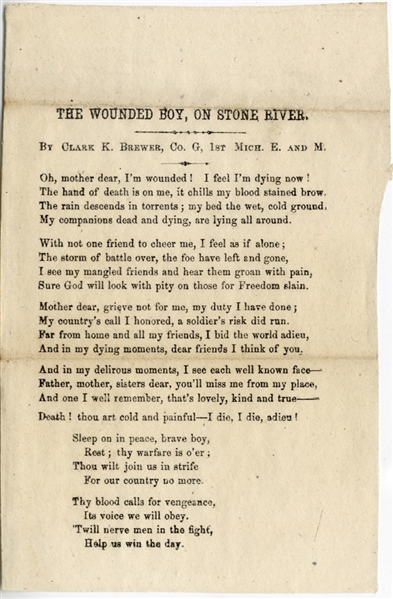 1st Michigan Engineers Poem: THE WOUNDED BOY ON STONE RIVER. 