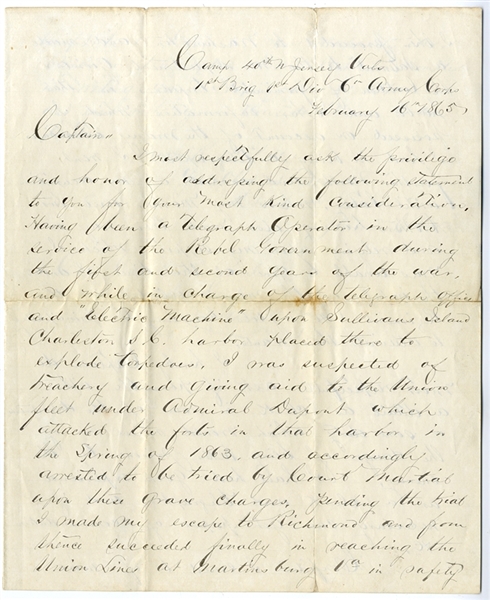 Letter by Confederate Soldier Who Became A Galvanized Yankee Telling of His Job Placing Electric Machine Torpedoes in Harbor, Sullivan's Island, Charleston, S.C.!