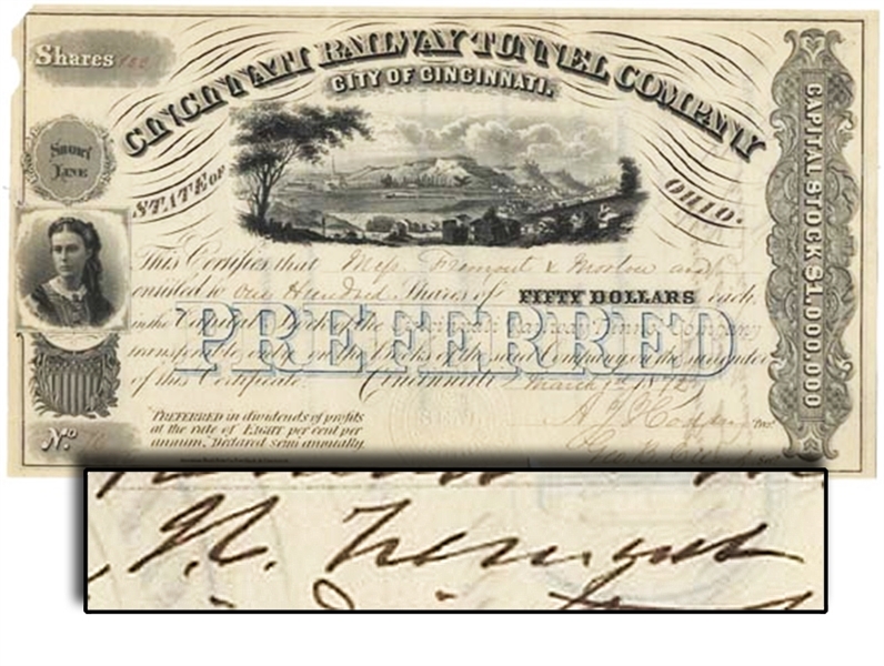 A Cincinnati Railway Tunnel Company Stock Certificate Issued To And Signed On Verso By John C. Fremont
