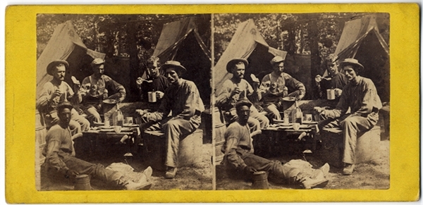Great Scene of Soldiers Having Supper - Black Man Seated on Ground With Them - A Rare Camp Scene