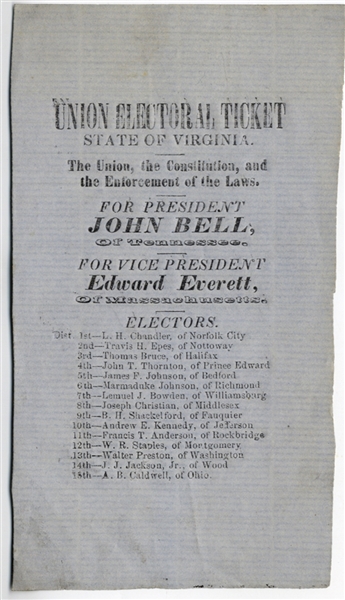 Rare Bell and Everett 1860 Virginia Campaign Ballot