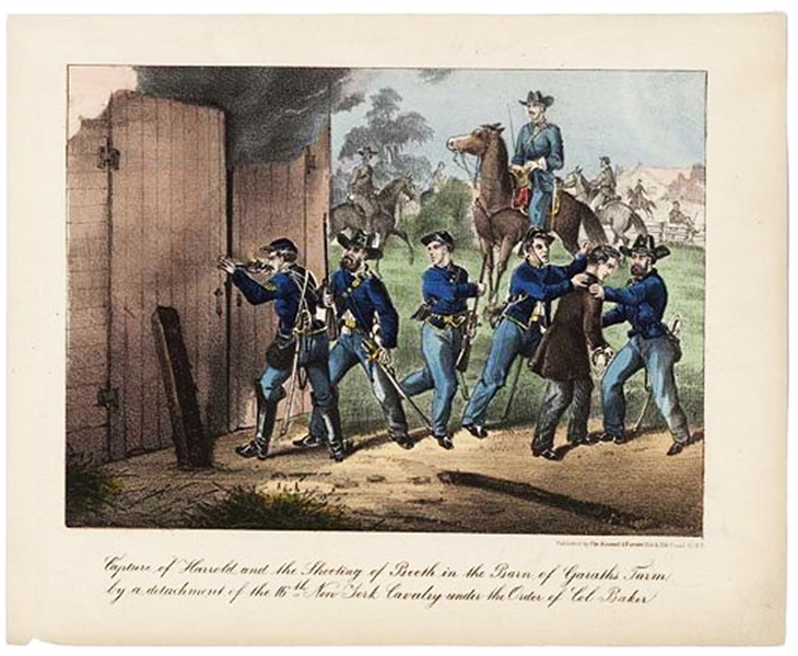 “Capture Of Harrold And The Shooting Of Booth In The Barn Of Garath’s Farm By A Detachment Of The 16th New York Cavalry Under The Order Of Col. Baker”