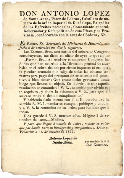 Printed Document Signed In Type By Santa Anna Days Before The Taking of Veracruz And His Promotion To The Rank Of Brigadier General