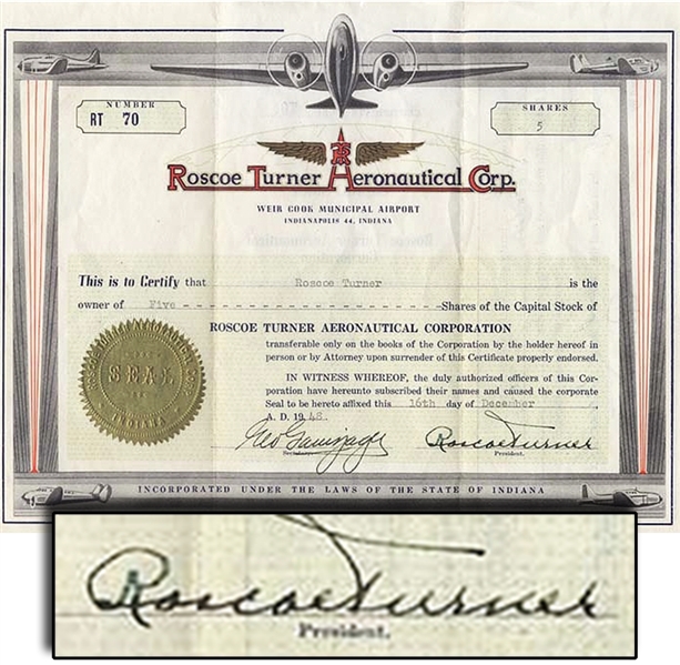 Rare Stock Issued To And Signed Twice By Aviation Legend Roscoe Turner!