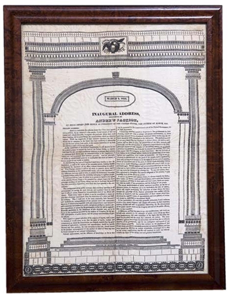 A Choice Printed Silk Broadside Of Andrew Jackson's First Inaugural Address
