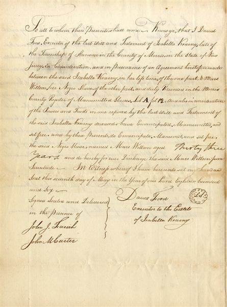 1806 New Jersey Slave Manumission