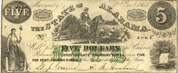 Rare Alabama Confederate Bank Note With Slave Labor Vignette