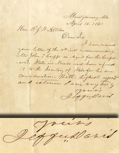 President Jefferson Davis Letter Written From Montgomery Alabama