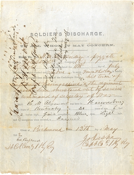Confederate Kentucky Soldier Discharge