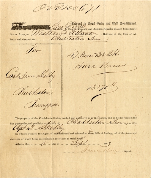 A Rare Hard Tack Confederate Rail Road Document