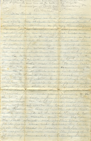 Descriptive Battle of Fredericksburg Letter By A 5th Corps Soldier